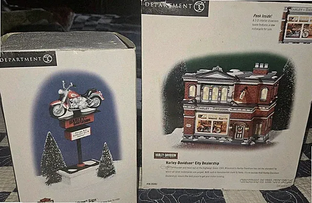 2 Department 56 Harley Davidson City Dealership Snow Village & Harley Sign