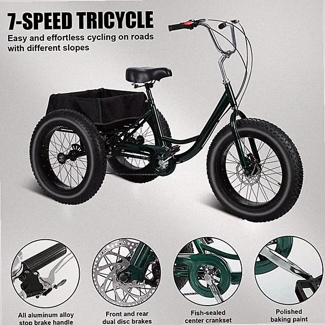 Adult Tricycle, 7 Speed with Double Disc Brake, 3 Wheel with Basket, Snow Tires