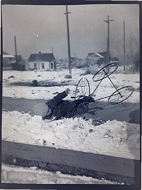 Child Crashing Bicycle Tricycle In Snow Antique Snapshot Photo Negative