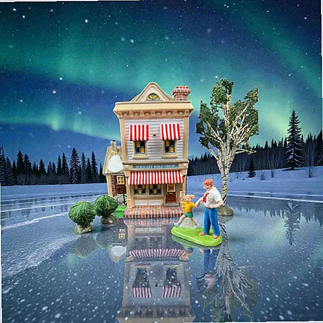 Department 56 Original Snow Village Wright Bike Shop Christmas Gift Set #55314