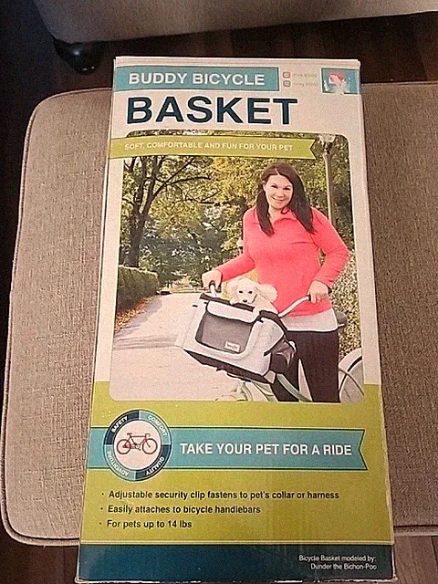 Snoozer Buddy Bike Basket Grey Black Soft Sided to 14 Pound Pet Clips to Collar